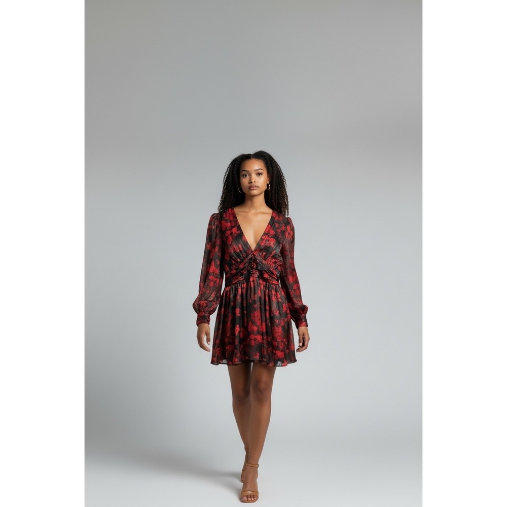 Elan Floral Print V Neck Ruched Waist Long Sleeve Mini Dress Black Red